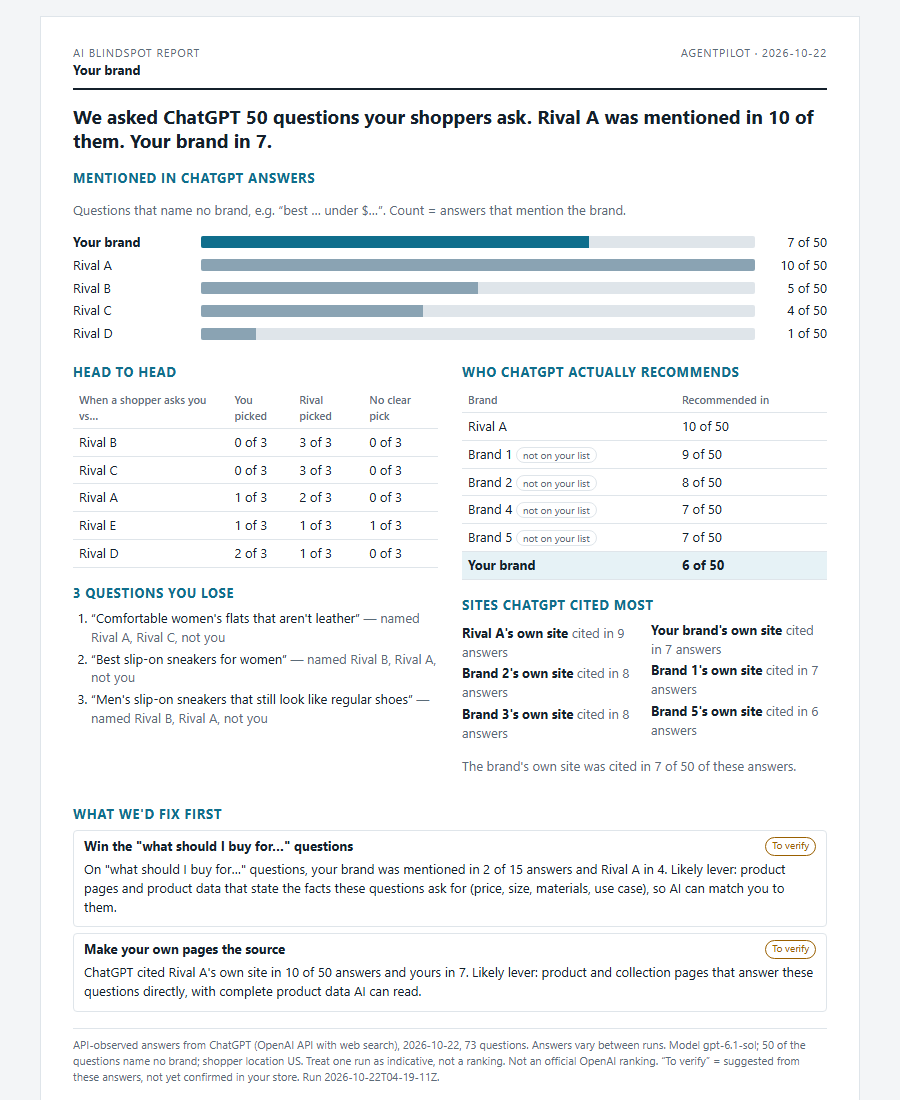Anonymised AI Blindspot report: mention counts for a brand and its rivals, questions the brand loses, and suggested fixes